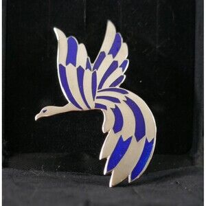 Vintage Modernist Flying Bird Brooch Goose Silvertone Blue Enamel Rivest